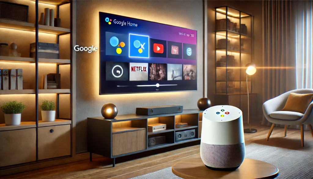 Google Home Mini smart speaker, a compact device for voice control and Smart TVs Work With Google Home.  