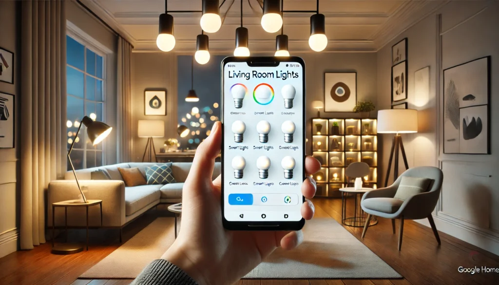 A person holds a smartphone in a living room, exploring how to group smart lights in Google Home for better control.