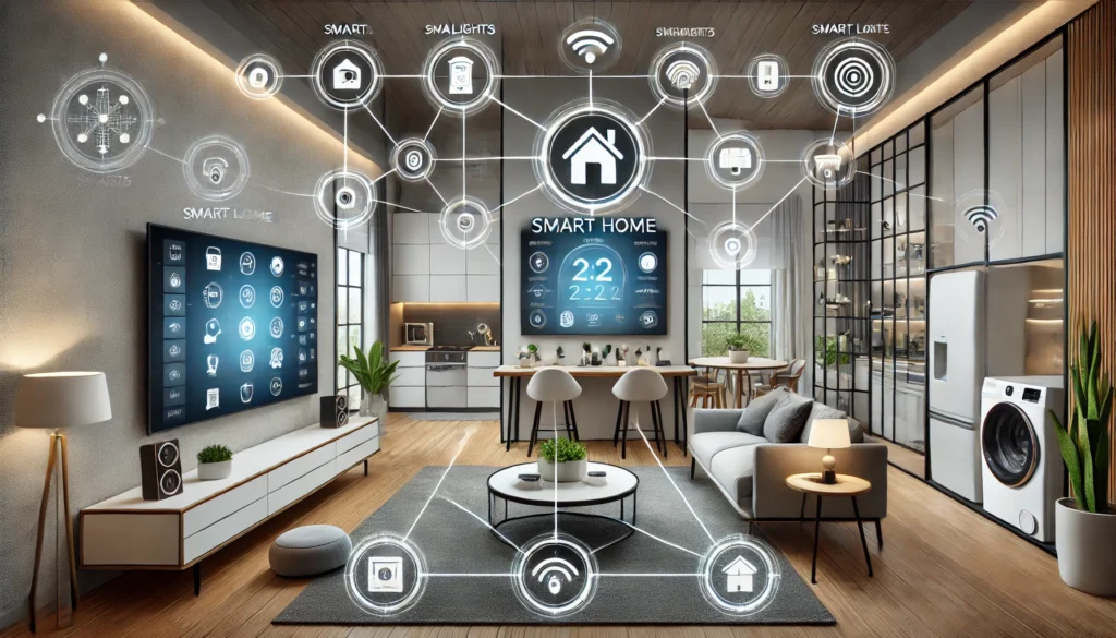 A modern smart home featuring various connected devices, illustrating how to integrate all smart home devices seamlessly.