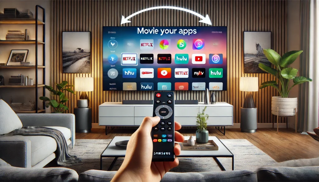 A person holds a remote control in front of a TV, demonstrating how to move apps on the home screen of a Samsung Smart TV.