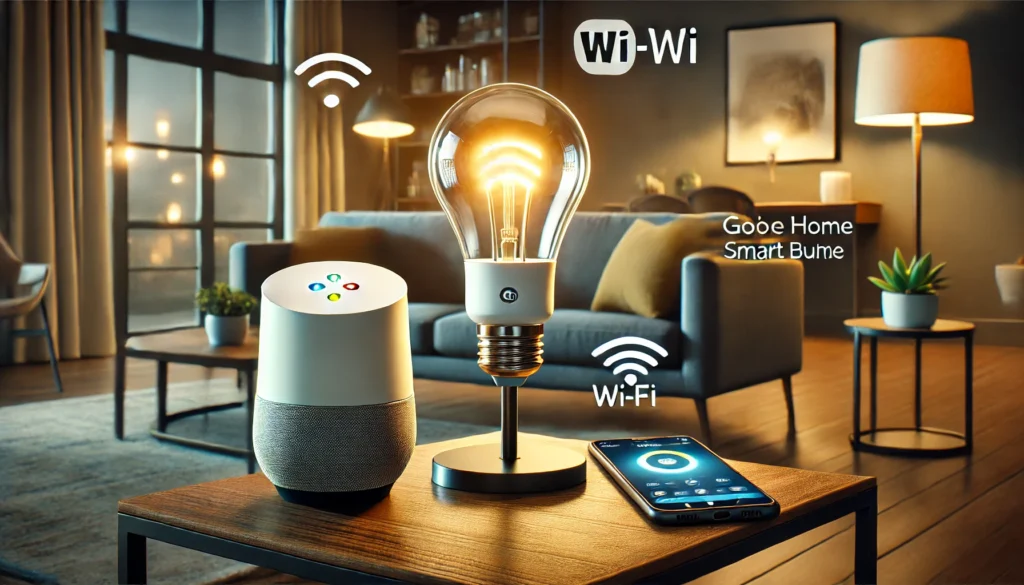 A modern smart home featuring Google Home and a smart light bulb, illustrating how to set up GE Smart Bulb with Google Home.