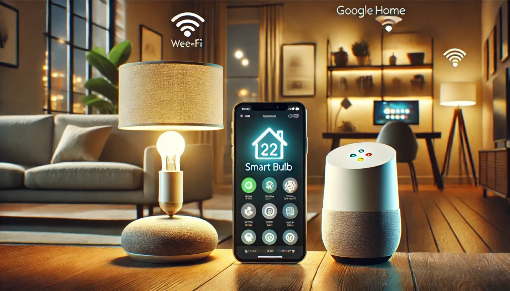  A modern living room showcasing smart home technology, featuring a Merkury smart bulb integrated with Google Home.