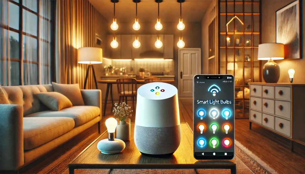 Google Home smart voice assistant on a table, illustrating how to set up smart light bulbs with Google Home for seamless control.