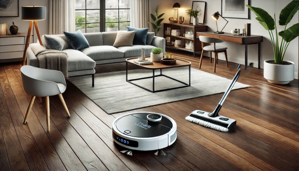 A cozy living room featuring a couch and a vacuum cleaner, showcasing the Best Robotic Vacuum and Mop Combo in action.