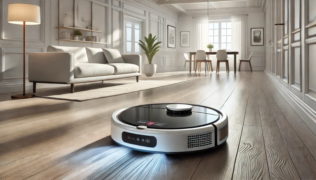 A robotic vacuum cleaner is cleaning the floor in a living room, showcasing the Mamnv Robot Vacuum and Mop Review in action.