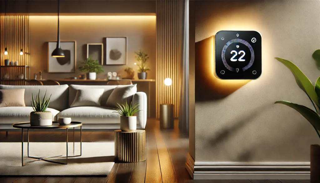 A smart thermostat is placed on a table in a cozy living room, featured in the Wyze Smart Thermostat Review.