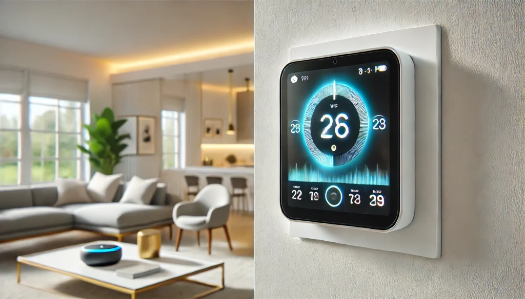 A smart thermostat is mounted on a wall, showcasing the Emerson Sensi Touch Wi-Fi Smart Thermostat Review features.