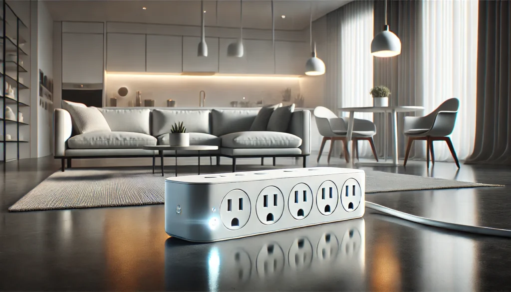 A white plug sits in the center of a room, ideal for connecting devices like the Best Smart Power Strip for Google Home.