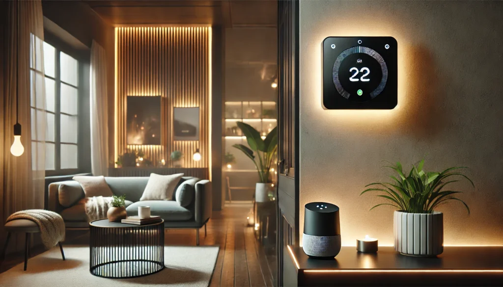 A modern living room featuring a smart thermostat, showcasing the best smart thermostat with Google Home for easy control.