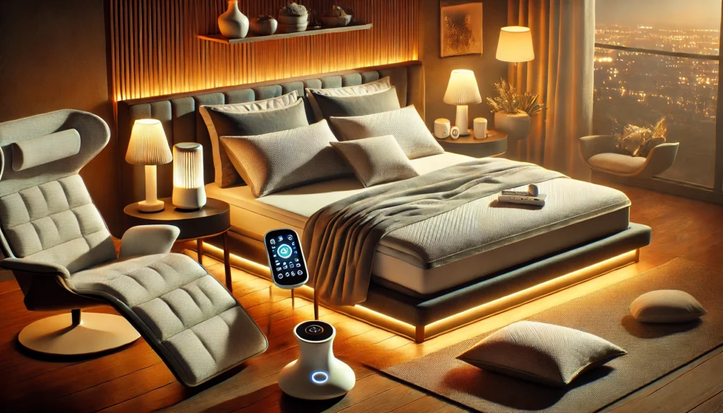 A bed with a remote control beside it and a chair nearby, showcasing some of the Top 10+ Satisfying Bed Gadgets.