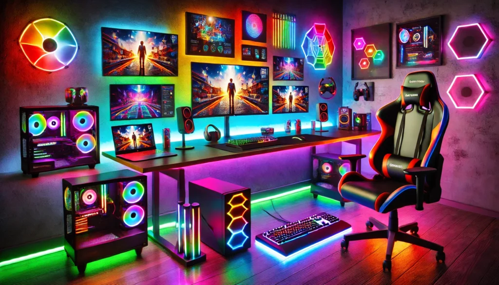 A gaming room featuring a desk, chair, and colorful lights, perfect for enjoying the Top 10+ Cool Gadgets for Gaming Room.