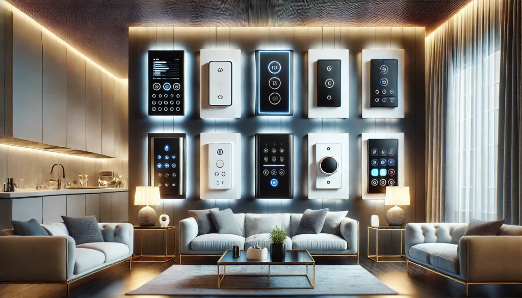 A living room featuring a large wall filled with electronic devices, showcasing the 5 best smart switches for Home Assistant.