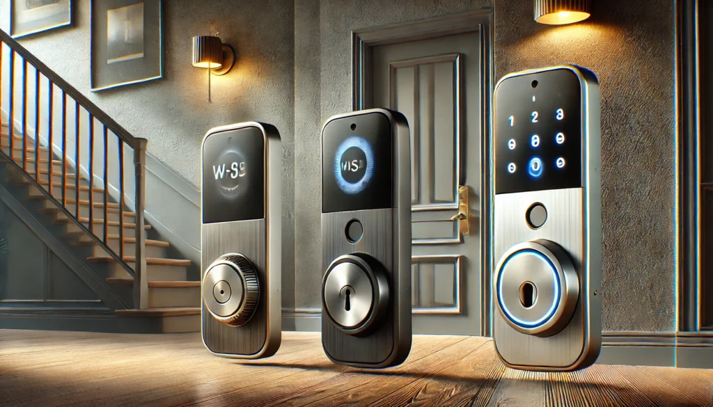 Three smart door locks are displayed in a room, showcasing the 3 Best Wifi Smart Locks for Home options available.