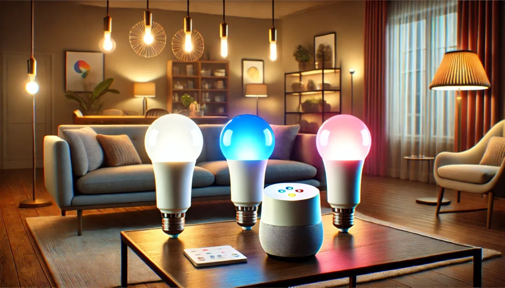 Three smart bulbs are placed on a table in a living room, showcasing the 3 Best Smart Bulbs for Google Home.