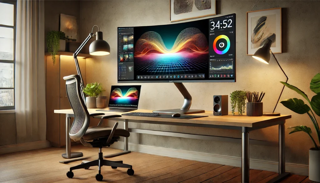 A desk featuring a computer and a monitor, ideal for a home office setup with the best smart monitor for home office.