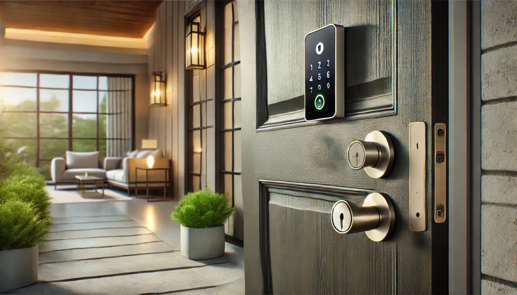 A smart door lock is installed on a door, showcasing the Best Smart Lock for Google Home for easy access and security.