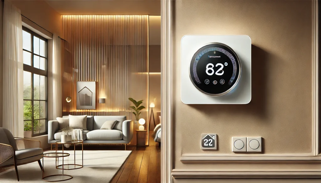 A smart thermostat is mounted on the wall, showcasing the best smart thermostat that works with Google Home for easy control.