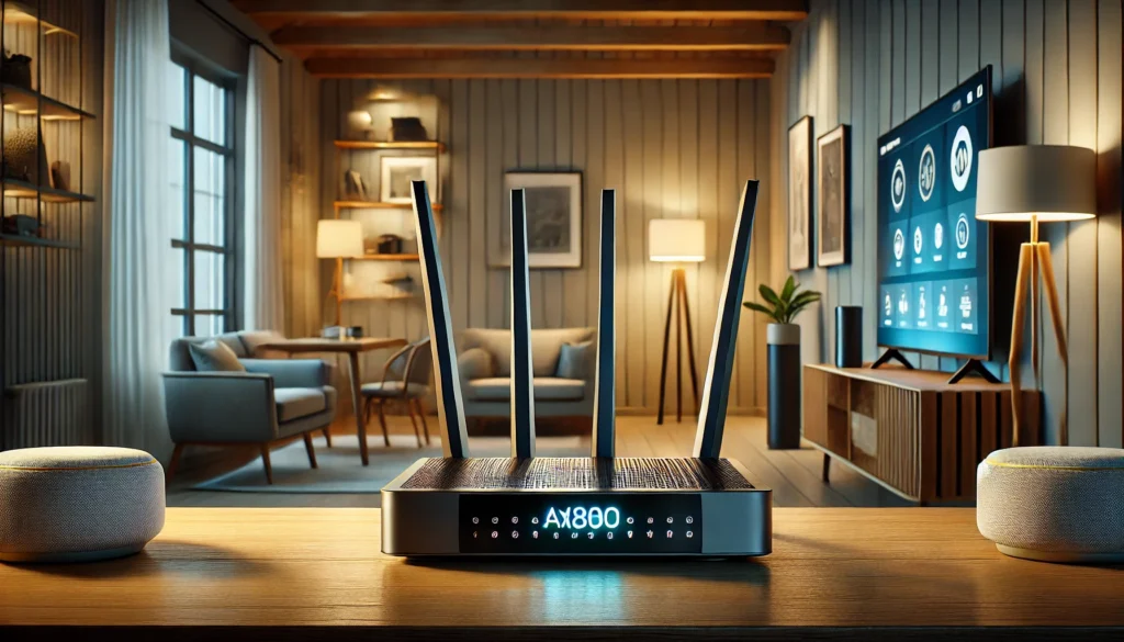 A router placed on a table in front of a television, showcasing the best wireless router for smart home use.