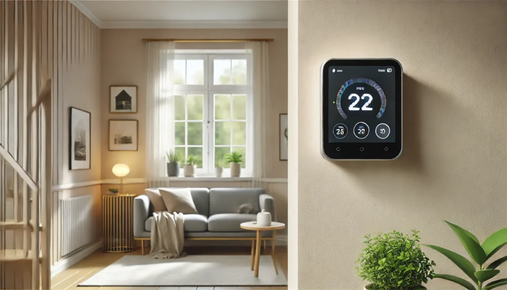 A smart thermostat is shown on a wall in a living room, representing the Best Cheap Smart Thermostat for home comfort.