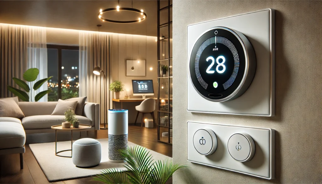 A smart thermostat is shown in a cozy living room, representing the Best Smart Thermostat for Alexa for easy temperature control.