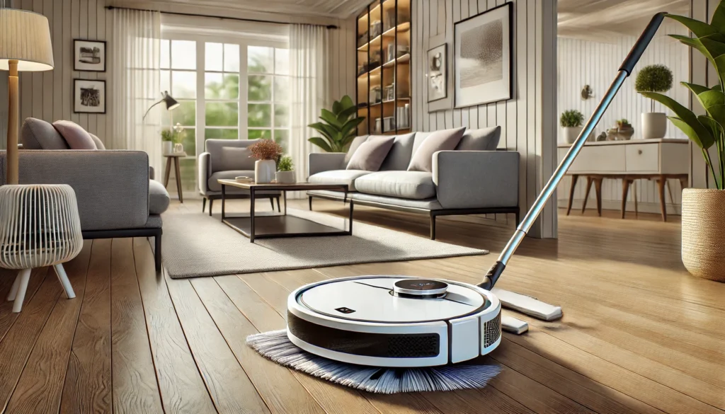 A vacuum cleaner is cleaning the floor in a living room, showcasing the Best Budget Robot Vacuum and Mop in action.