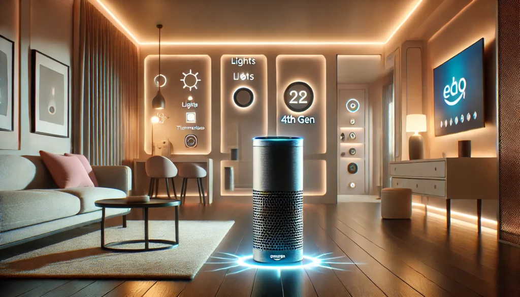 An Amazon Echo Dot sits on a table in a cozy living room, showcasing the best voice assistant for smart home use.