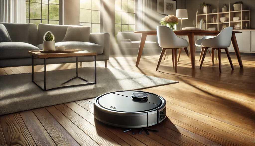 A robotic vacuum cleaner on the floor of a living room, showcasing the best robot vacuum and mop for hardwood floors.