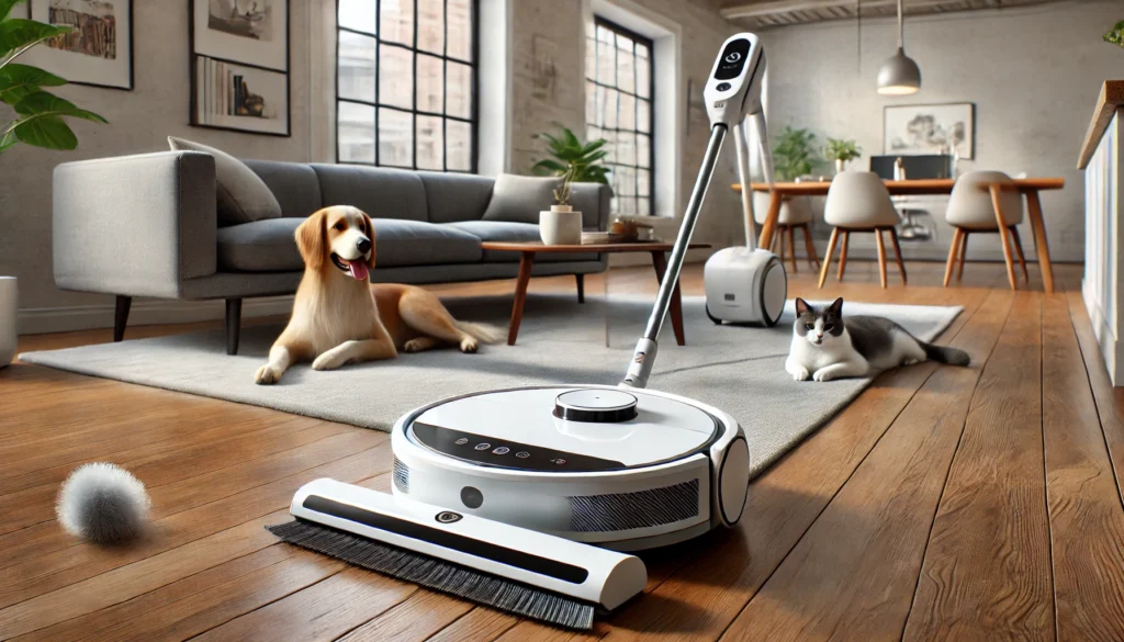 A vacuum cleaner rests on the floor beside a dog and a cat, showcasing the Best Robot Vacuum and Mop for Pet Hair.